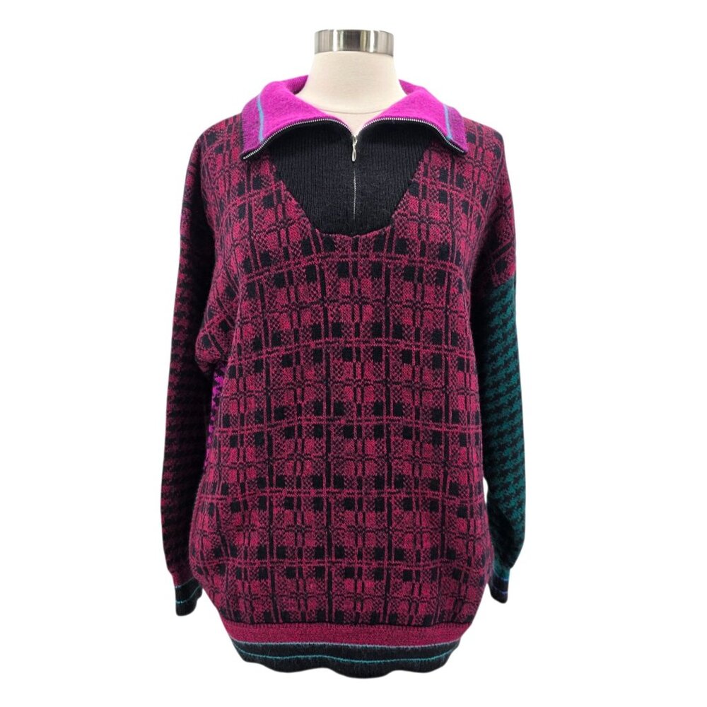 Vintage Esprit Sport Womens Medium Sweater Plaid Houndstooth 1/4 Zip 1990s Retro